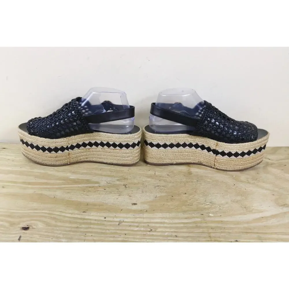 Tory Burch Shoes Womens 9.5M Black Leather Dandy Espadrille Platform Sandals